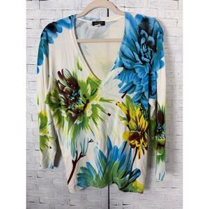 Elizabeth Women’s sweater V-neck floral beaded eclectic grandma soft lightweight